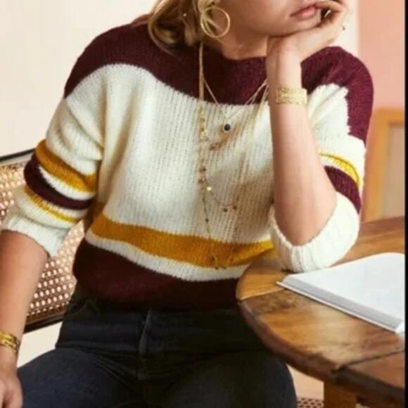 Sezane Burgundy and Cream Striped Sweater - Picture 1 of 16